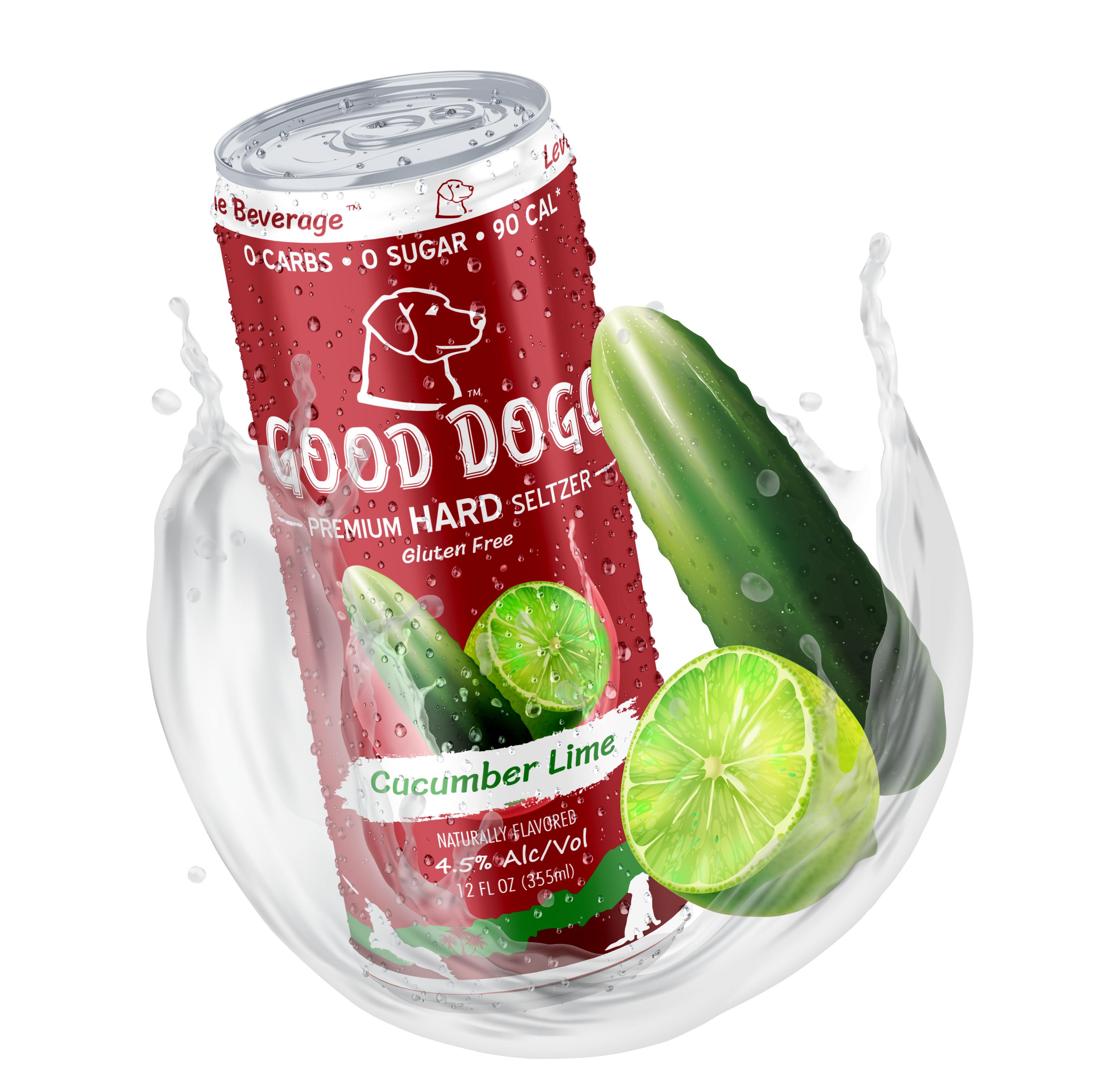 Cucumber and Lime leaning next to a can splashed with hard seltzer.