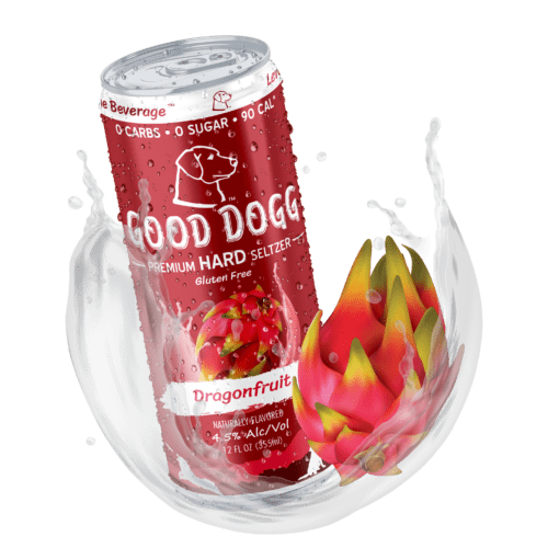Dragonfruit next to a can splashed with hard seltzer.