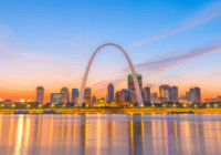 The Gateway Arch in Missouri during sunrise.
