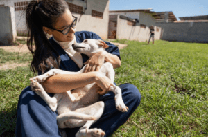 Woman in blue scrubs on the grass holding a small playful dog in her lap.
